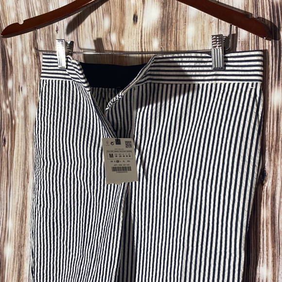NWT ZARA Navy White Striped Trouser Pants Seersucker MidRise Stretch Women's M - Picture 6 of 14